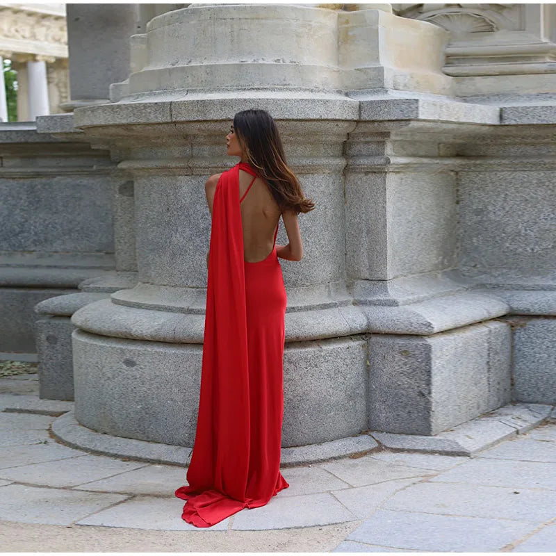 Elegant Ribbon Halter Dress Women Solid Off Shoulder Sleeveless Backless Slim Maxi Dresses 2026 Summer Autumn Party Robes Lady