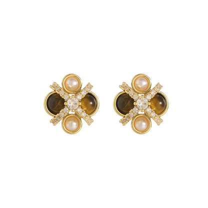 2025 New Design Natural Tiger Eye Stone Micro inlaid Zircon Geometric Earrings for Women's Trendy Jewelry Luxury Accessories