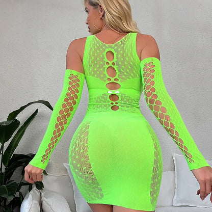Hollow Out Sexy Nightdress Lingerie Lace Fishnet Pajamas Sexy Beachwear Mini Dress Erotic Hot Babydoll Dress Exotic Costumes