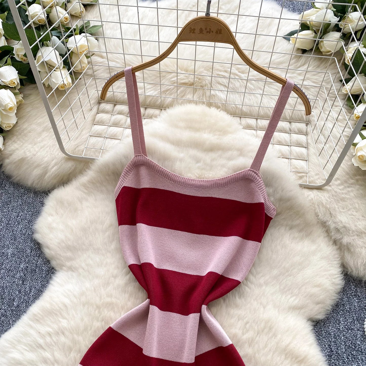 Lady New Stripes Ins Fashion Sexy Package Hips Bodycon Dress  Summer Knitted Spaghetti Straps Outfits Maxi Long Women Dress