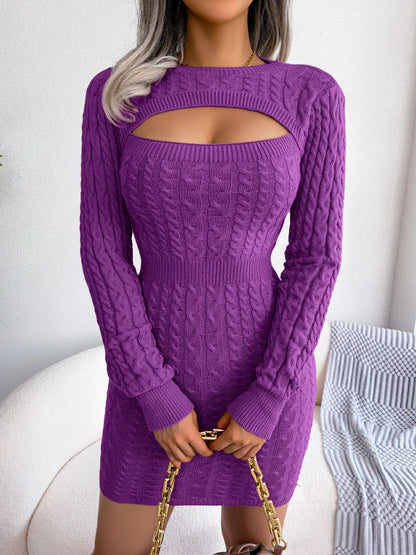VigoCasey 2025 Blue Casual Short Knit Dress Autumn Winter Women Long Sleeve Dress Sexy Lady Solid Hollow Bodycon Knitted Dresses