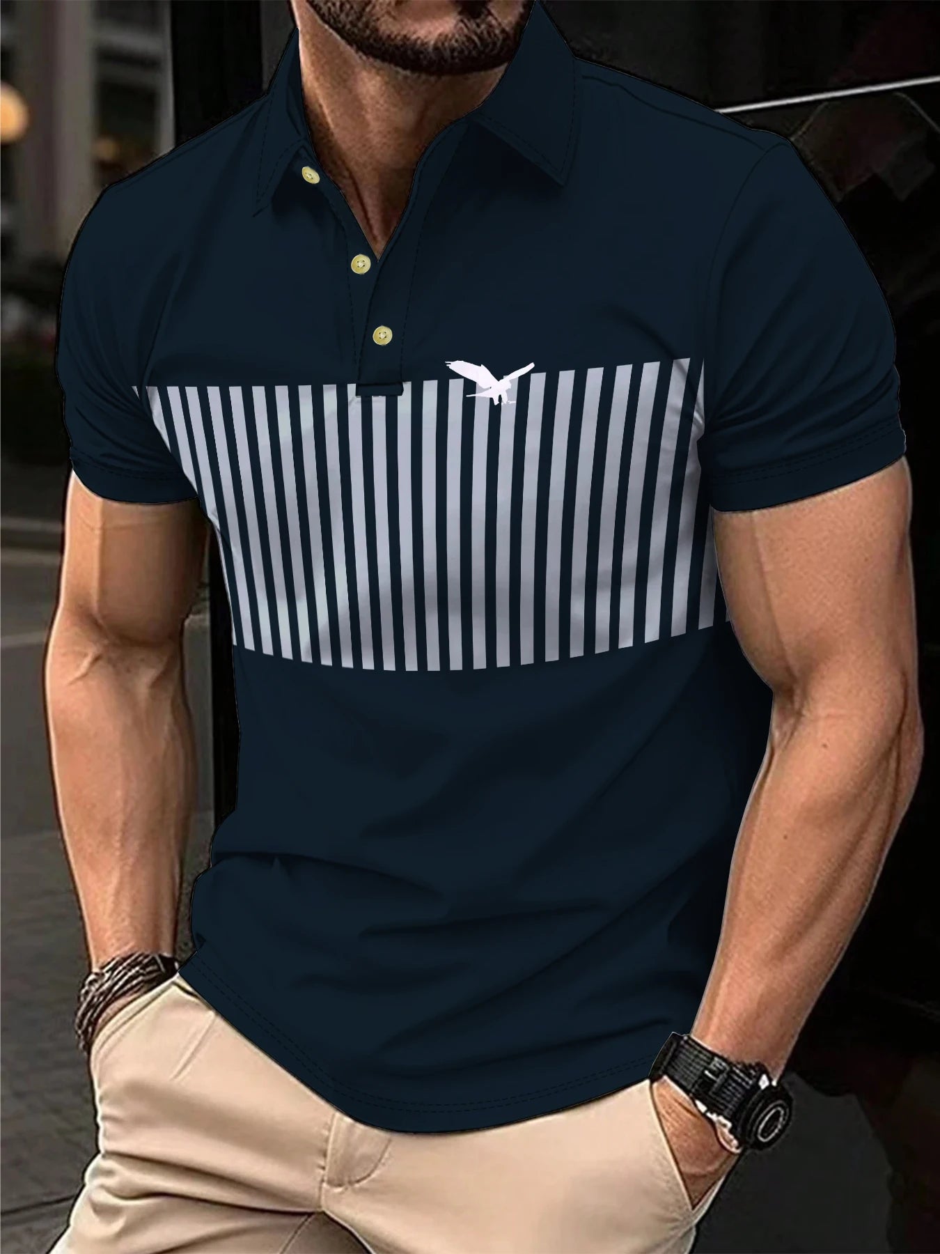 Men's Polo Shirt Summer Outdoor Casual Round Neck Short Sleeve Top Striped Printed Style OverSize T-shirt Loose Men's Clothing