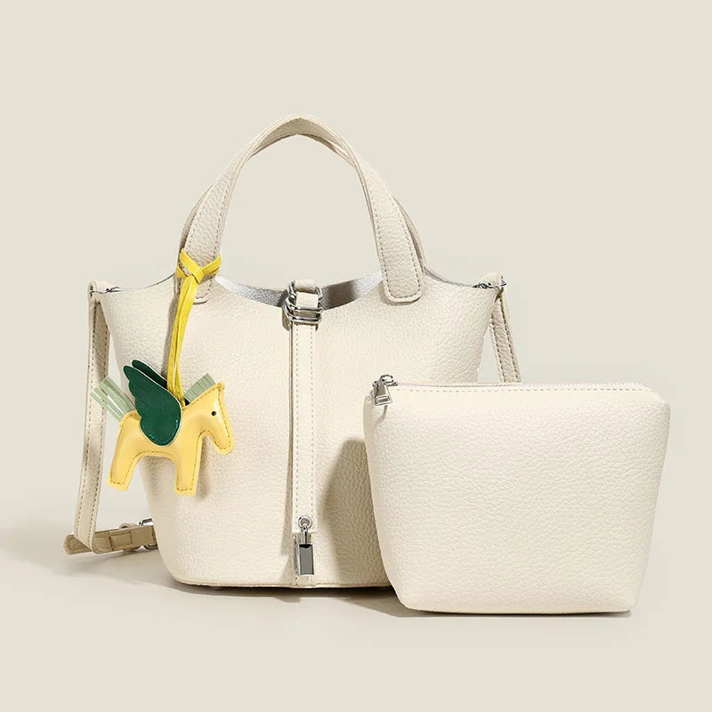 Popular and popular lychee patterned mother and child bucket bag for women, 2025 new casual retro handbag, casual commuting bag