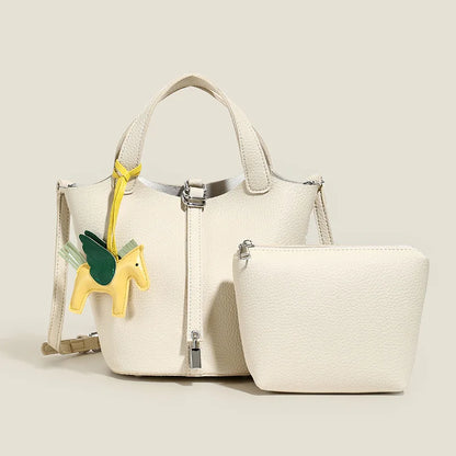 Popular and popular lychee patterned mother and child bucket bag for women, 2025 new casual retro handbag, casual commuting bag