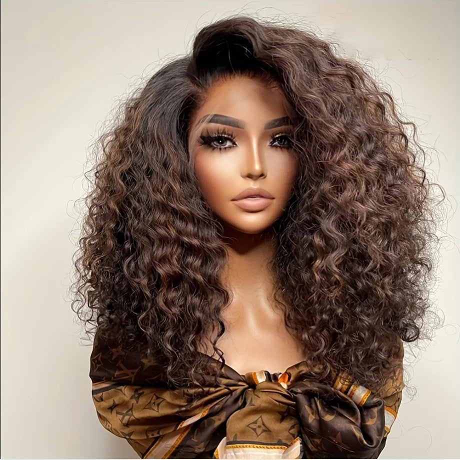 Soft 26“ 180Density brown kinky curly Long HD Lace Front Wig For Women Preplucked Babyhair Heat Resistant