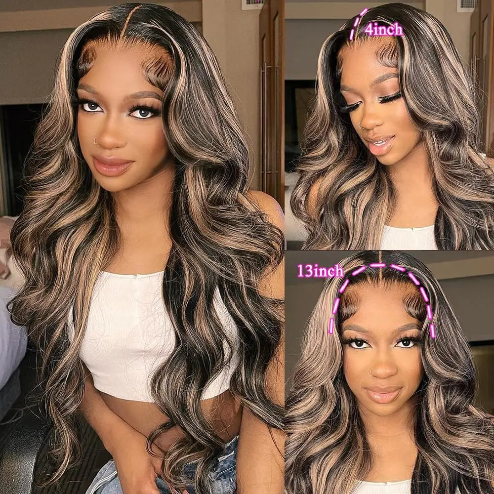 1B/30 Body Wave Highlight Wig Human Hair 30 Inch 13x4 HD Lace Frontal Wig 200 Density Natural Brazilian Hair Wig For Black Women