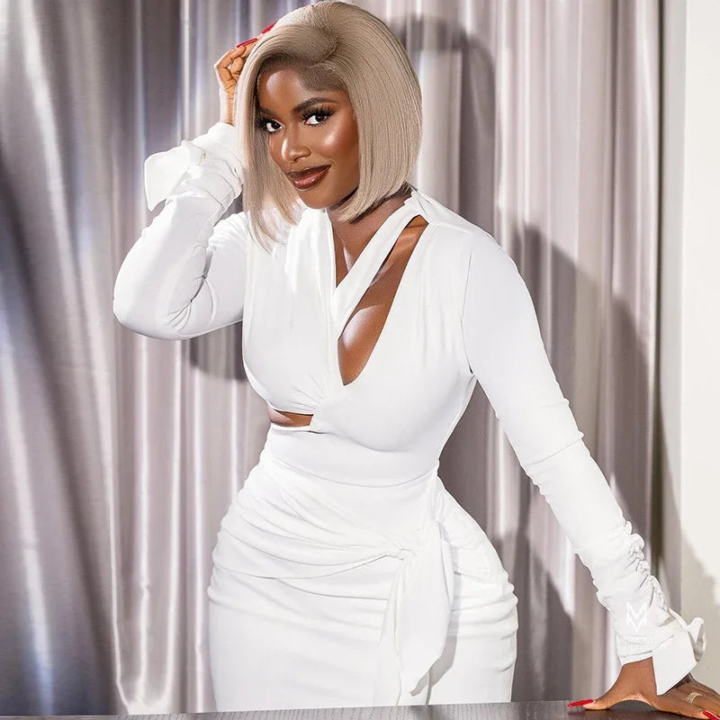 Elegant Black White Bodycon Dresses for Woman Long Sleeve Hollow Out Lace-Up Backless Bandage Party Dress Club Vestido Branco