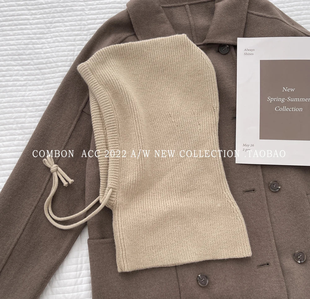 Knitted Hooded Caps Winter Balaclava Hats Women Korean Style Outdoor Warmer Drawstring Hats One-piece Neck Collar Beanies Cap