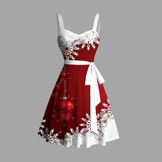 Dressfo Women's Christmas Dresses Sweetheart Neck Snowflake Bell Contrast Print Ruched Bust Tank Belt Festival Dress Vestidos