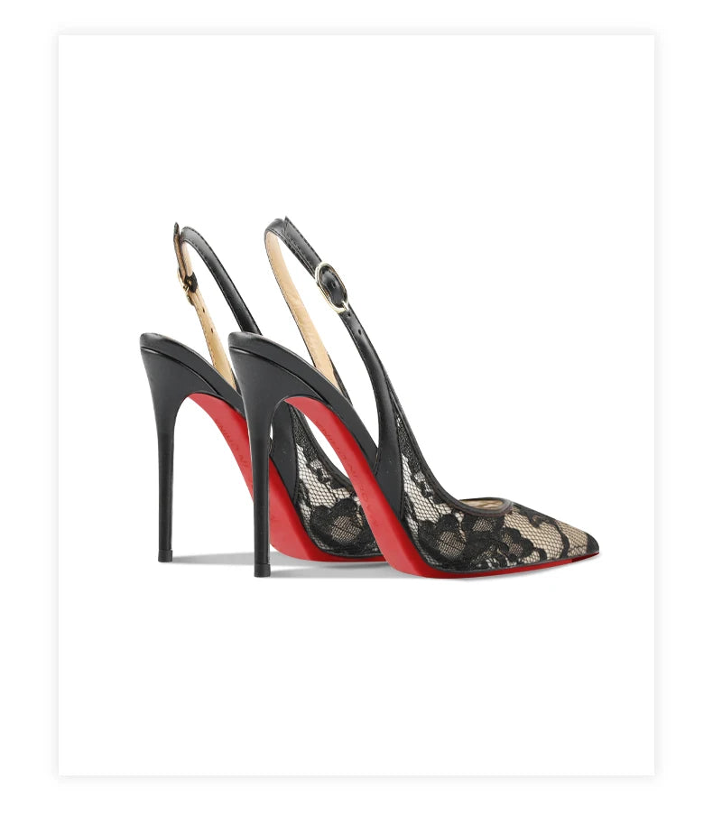 Black lace high-heeled sandals with pointed toes, thin heels, and shallow mouth, comfortable to wear with just one foot