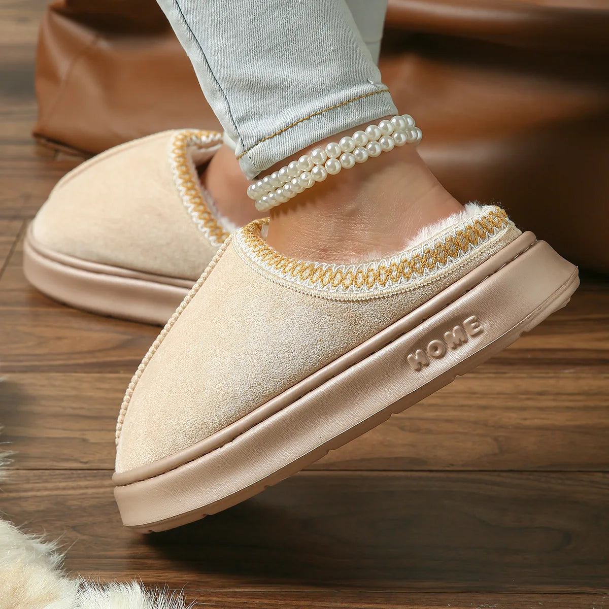 Pantoufles D'hiver Chaudes Pour Femmes, Intérieur En Peluche, Semelle Épaisse Antidérapante, Chaussures De Maison Chaudes Brodée