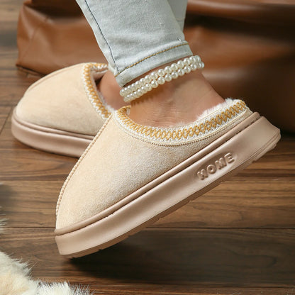 Pantoufles D'hiver Chaudes Pour Femmes, Intérieur En Peluche, Semelle Épaisse Antidérapante, Chaussures De Maison Chaudes Brodée