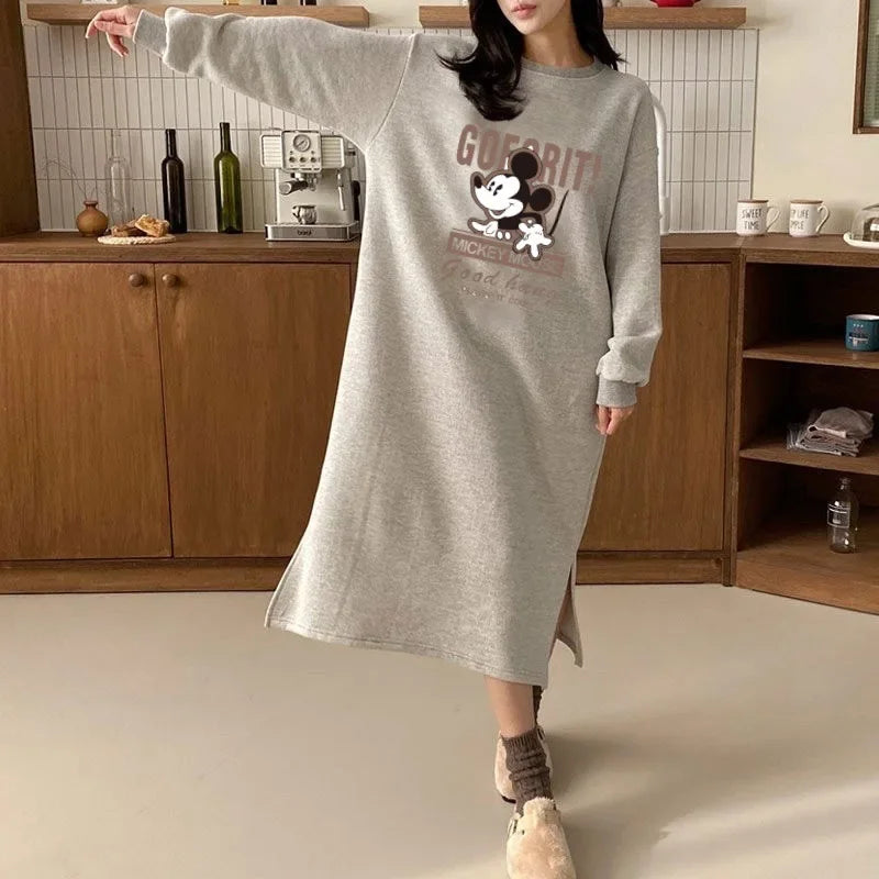 Cartoon Printing Fleece Lined Thickened Women's Sweatshirt Dress Loose Fit Idle Style Over Knee Long Straight Leg Dressin