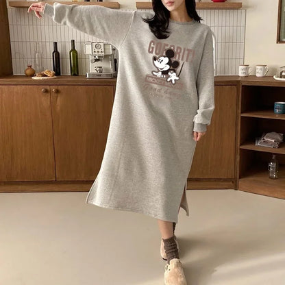 Cartoon Printing Fleece Lined Thickened Women's Sweatshirt Dress Loose Fit Idle Style Over Knee Long Straight Leg Dressin