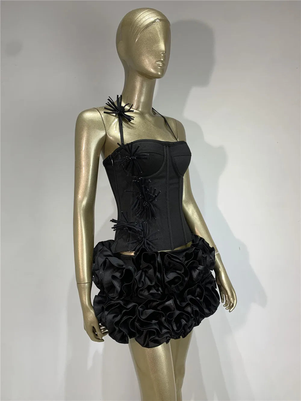 Women Sexy Party Dress Halter Laced Up Crop Top And Flowers Mini Skirt Two Piece Sets Club Evening Celebrity Outfits Wholesale