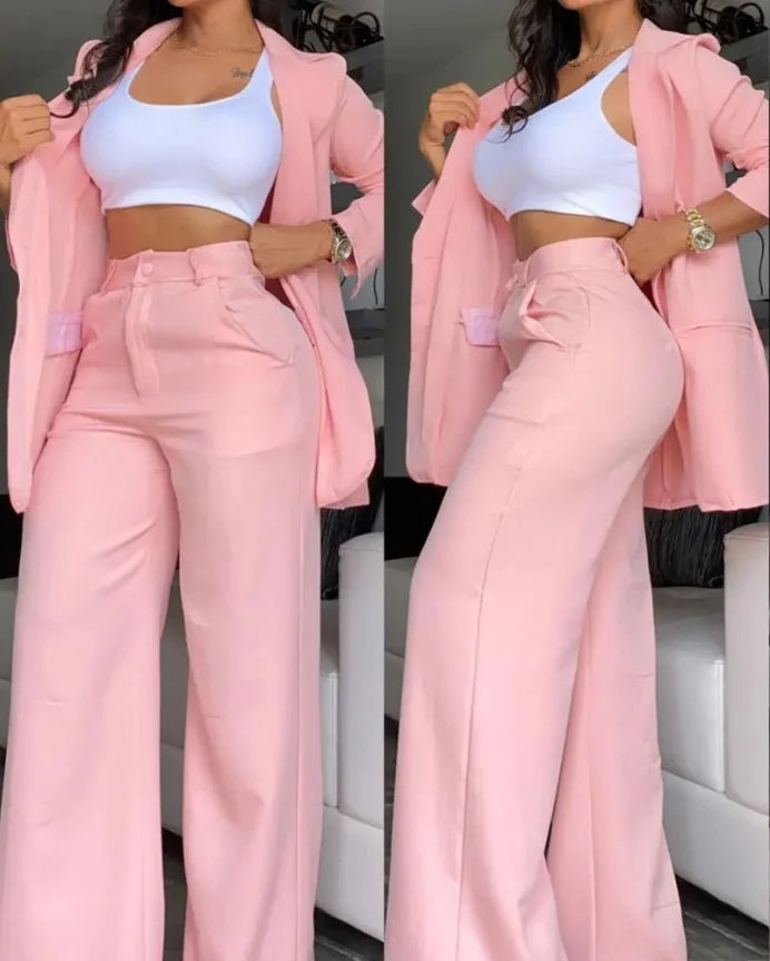 Two Piece Set Women Outfit Autumn Fashion  Collar Long Sleeve Blazer Coat & Elegant Pocket Design Work Pants Set