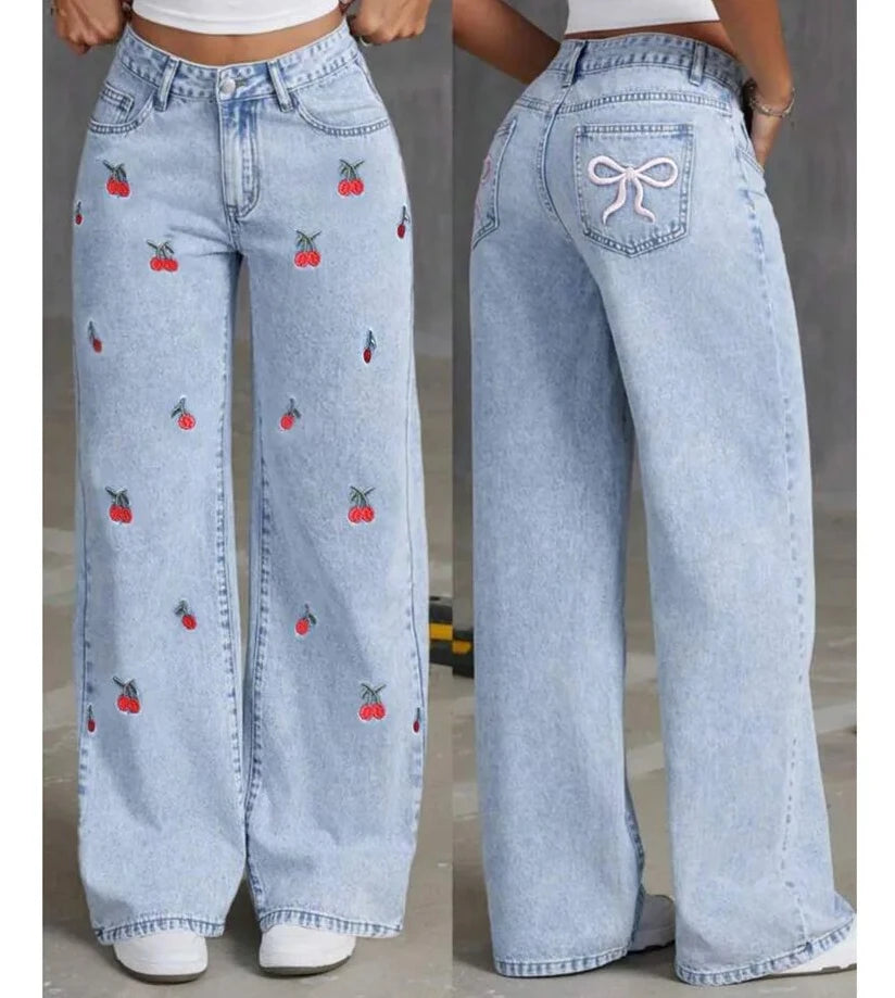 Denim Wide Leg Pants Women Jeans Embroidery High Waist Distressed Washed Mom Pockets Vintage Floor Length Trousers Streetwear