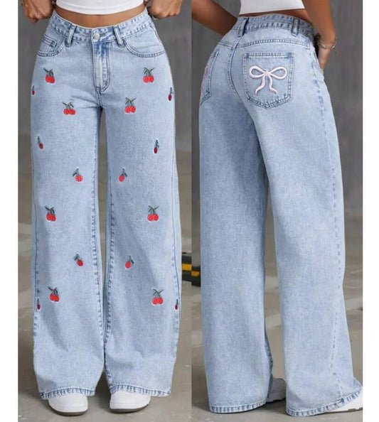 Denim Wide Leg Pants Women Jeans Embroidery High Waist Distressed Washed Mom Pockets Vintage Floor Length Trousers Streetwear