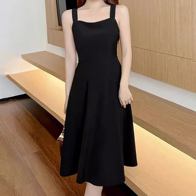 Summer New French Style Blacktank Dress Women's Slimming Base Line Mini Black Skirt Fresh And Smooth Slim Fit For All Occas