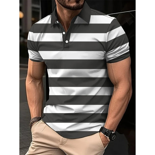 3D Print Colorful Color Block Polo Shirt For Men Stripes Pattern T-Shirts Summer Loose Street Lapel Top Button Short Sleeve Tees