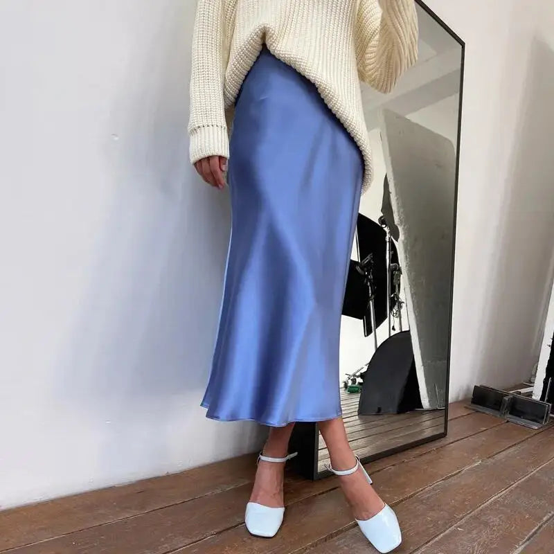 Women's Satin Skirt High Waist Elegant Midi A-line Skirt Lady's Summer Solid Champagne Vintage Silk Long Skirts for Women 2026