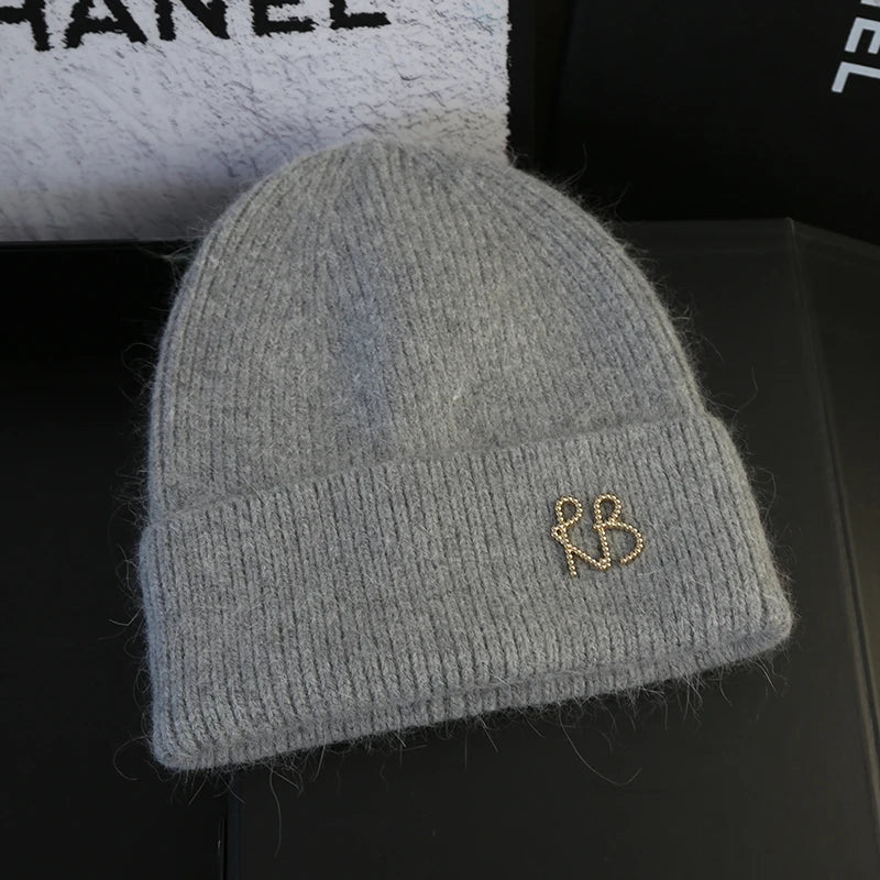 Letter Fluffy Angora Fur Beanies Winter Hat for Woman Luxury Fluffy Knited Hat Bonnet Lady Autumn Winter Warm Skullies Cap