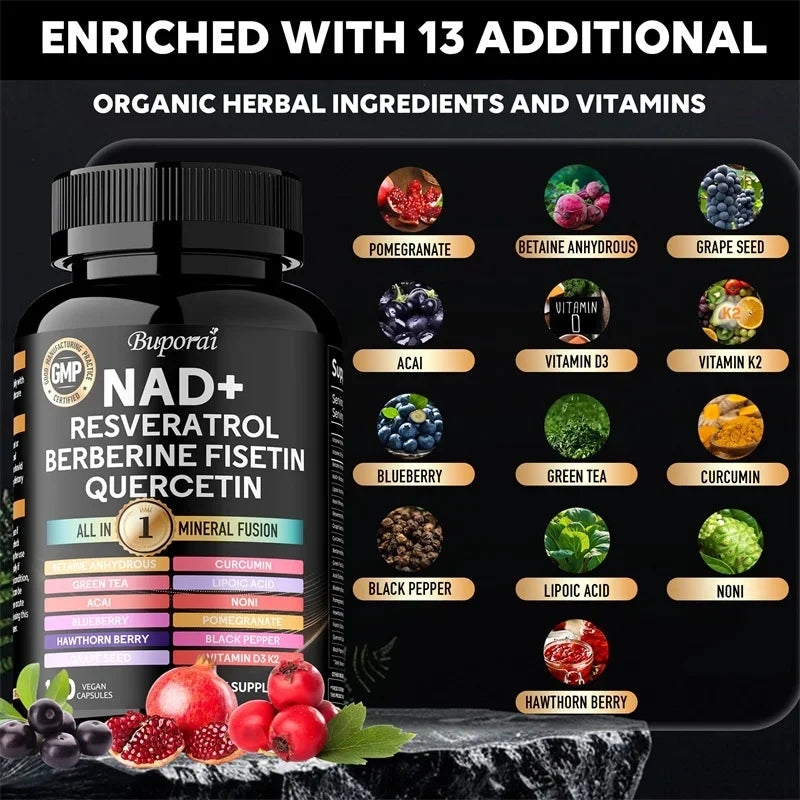 NAD+, Resveratrol, Quercetin, Berberine Fisetin-Cellular Health, Healthy Aging, Vitamin K2, Vitamin D3, One-stop Approach,1000mg