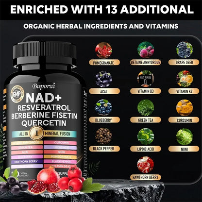 NAD+, Resveratrol, Quercetin, Berberine Fisetin-Cellular Health, Healthy Aging, Vitamin K2, Vitamin D3, One-stop Approach,1000mg