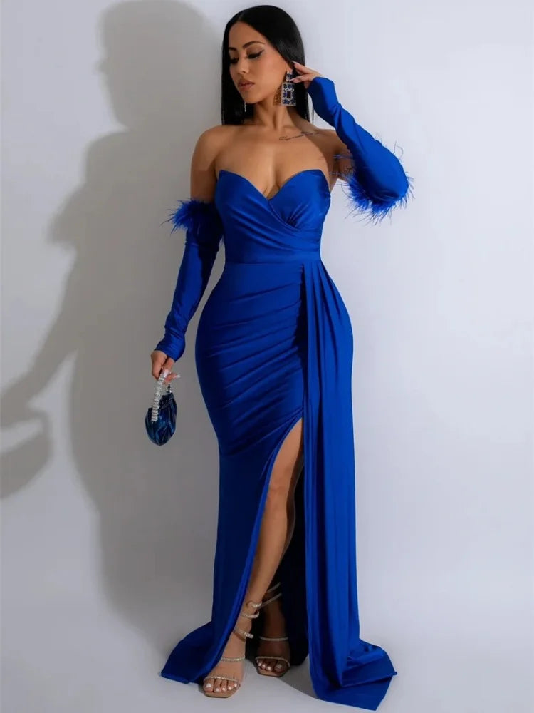 Sexy Off Shoulder Strapless Evening Long Dresses Women Elegant Party Formal Mermaid Wedding Dinner Guest Dress with Oversleeve