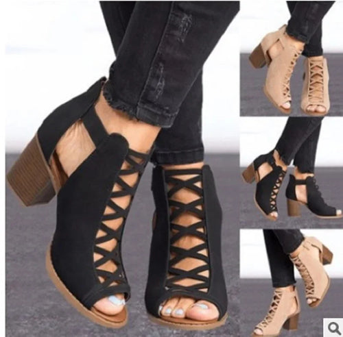 Wish2025 Summer New Roman Fish Mouth Hollow out Large Size 43 Buckle Sandals Thick Heel High Heel Independent Station Shoes