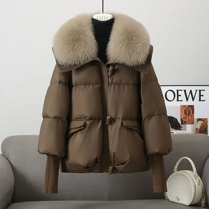 2025 Down Cotton Short Padded Jacket Women Parkas Fur Collar Autumn Winter Thick Coats Female Black Casual Outerwear Clothes