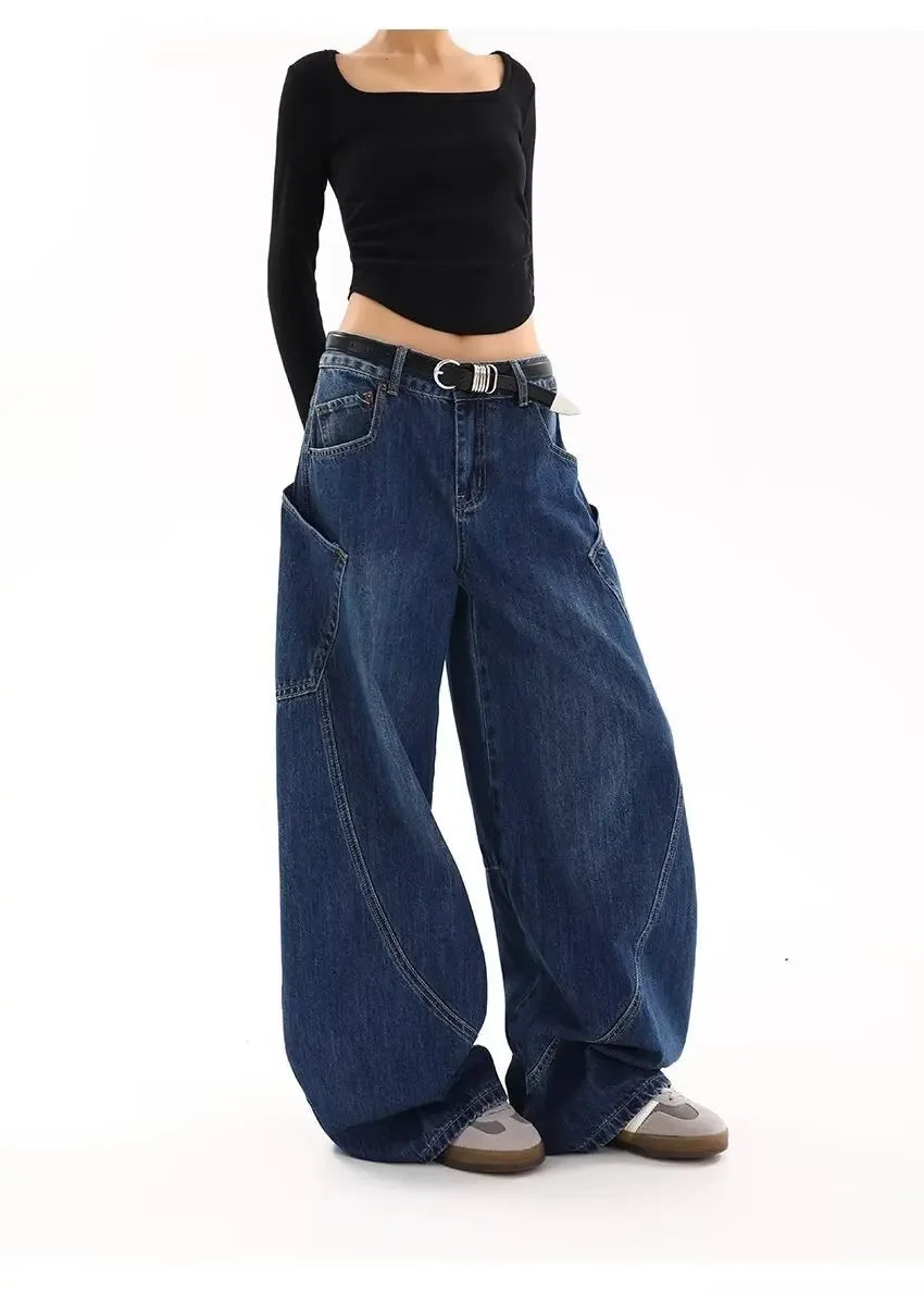 American Retro Knife Pocket Wide Leg Jeans Women's Spring Autumn Style Hot Girl High Street Design Loose Floor-Length Pants