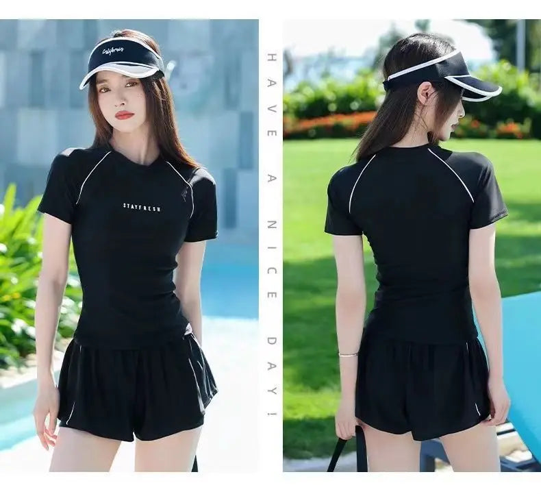 Sports Swimsuit, Swimsuit, Women's New Plus Size Two-piece Set, Short Sleeved, Student Hot Spring Conservative Swimsuit