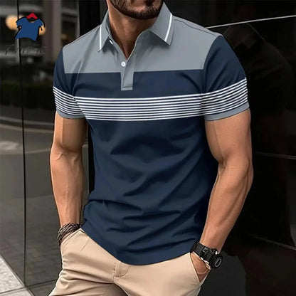 New Summer Striped Patchwork Striped Men's Polo T-shirt Fashion Lapel Button Sports Trend Street Wear Short Sleeve Top Men Shirt