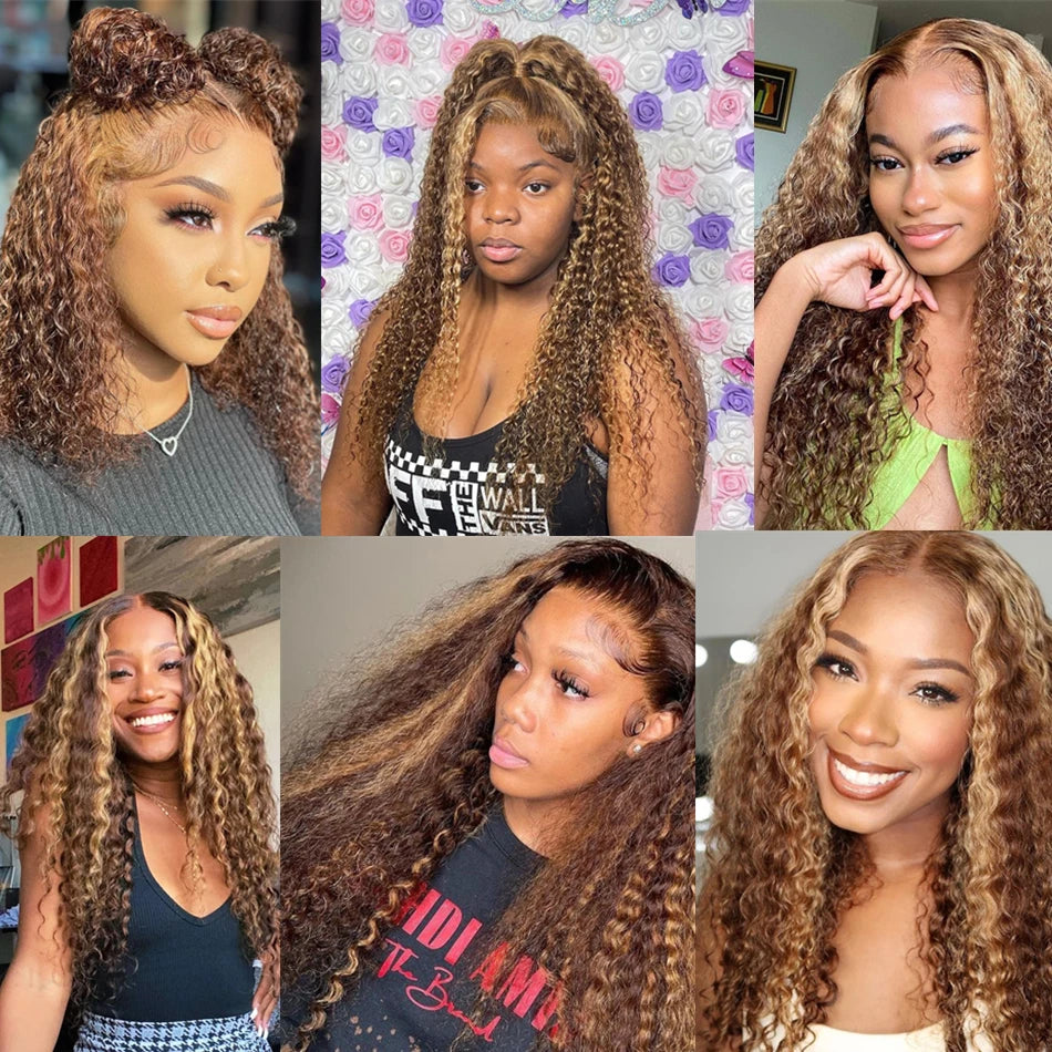 30 Inch 250 Density Highlight Honey Brown Curly Lace Front Human Hair Wigs 13x6 13x4 Ombre Colored Deep Wave Lace Frontal Wig
