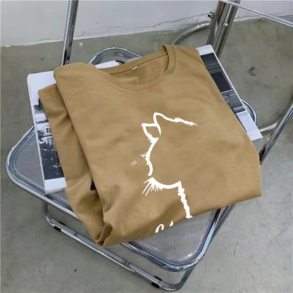 Summer New Loose Dress Women Casual Fashion Cartoon Simple Cat Print Round Neck Short-sleeved Dress