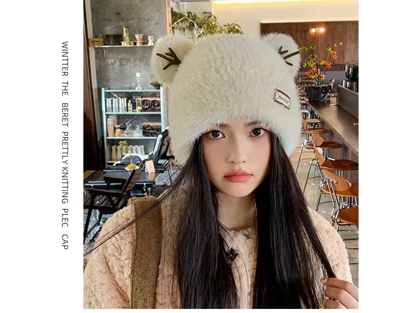 Knitted Hat Beanie Winter Warm Fleece Lined Reindeer Antlers Korean Style Cute Christmas Party Women Girls Thickened Thermal