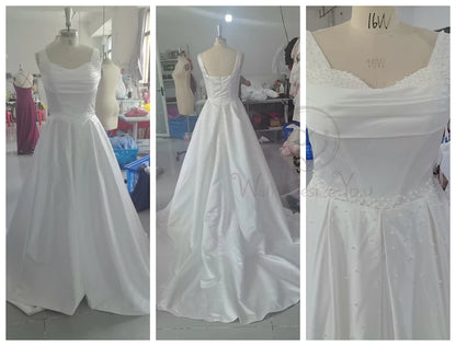 Elegant Ivory Spaghetti Straps With Pearls Wedding Dress Pleated Princess vestidos de novia Customized Satin Ball Gown Plus Size