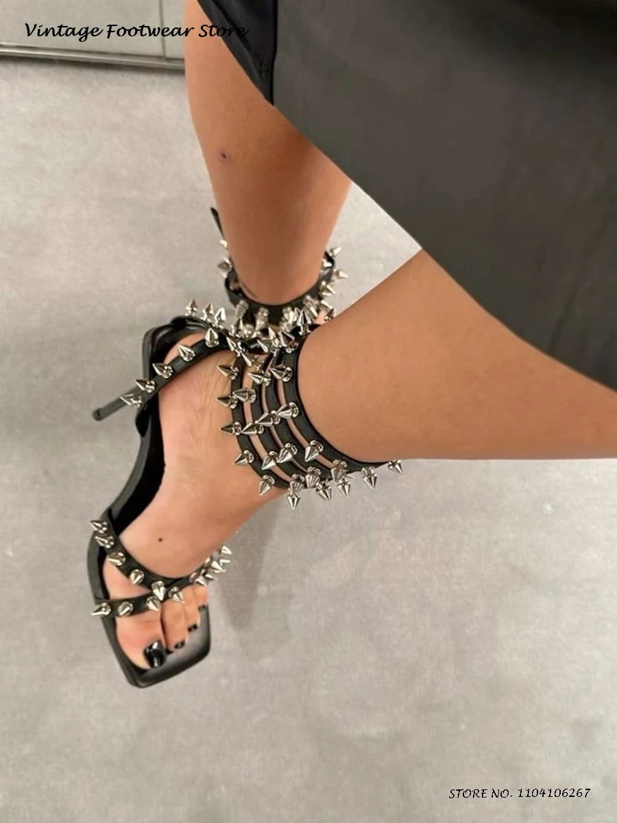 Punk Style Spikes Ankle Strap Stilettos Square Open Toe Thin High Heels Party Shoes Women's Streetwear Evening Trending Sandals
