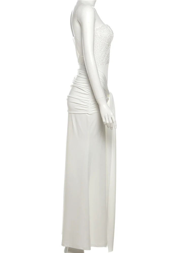 Sisterlinda Sexy Strapless Dress Woman Sequins Patchwork Backless Knot Ribbon Wrap Hip Midnight Prom Party Elegant Long Bodycon