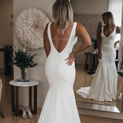 Mermaid Wedding Dresses 2025 Women Elegant Sleeveless White Vestidos De Novia Simple Boho Satin Long Sexy V-Neck Bride Gowns