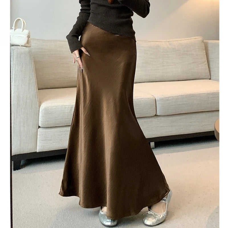 High Waist Elegant Satin Women's Mermaid Long Skirts 2026 New Autumn Solid Slim Korean A-line Wrap Fishtail Skirts Female