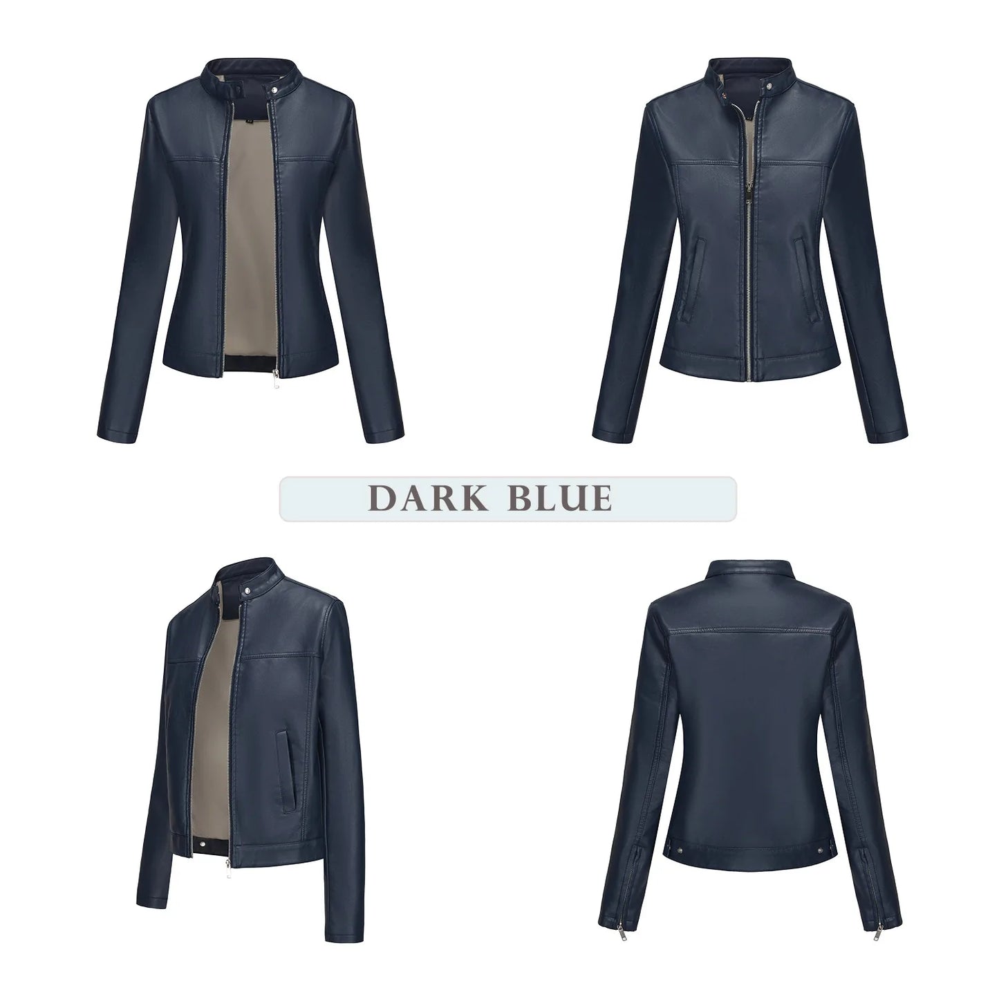 Black Women's Fitted Leather Jacket with Front Zipper & Side Pockets‌, Available in Brown, Navy Blue, and Beige.