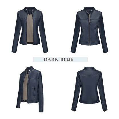 Black Women's Fitted Leather Jacket with Front Zipper & Side Pockets‌, Available in Brown, Navy Blue, and Beige.