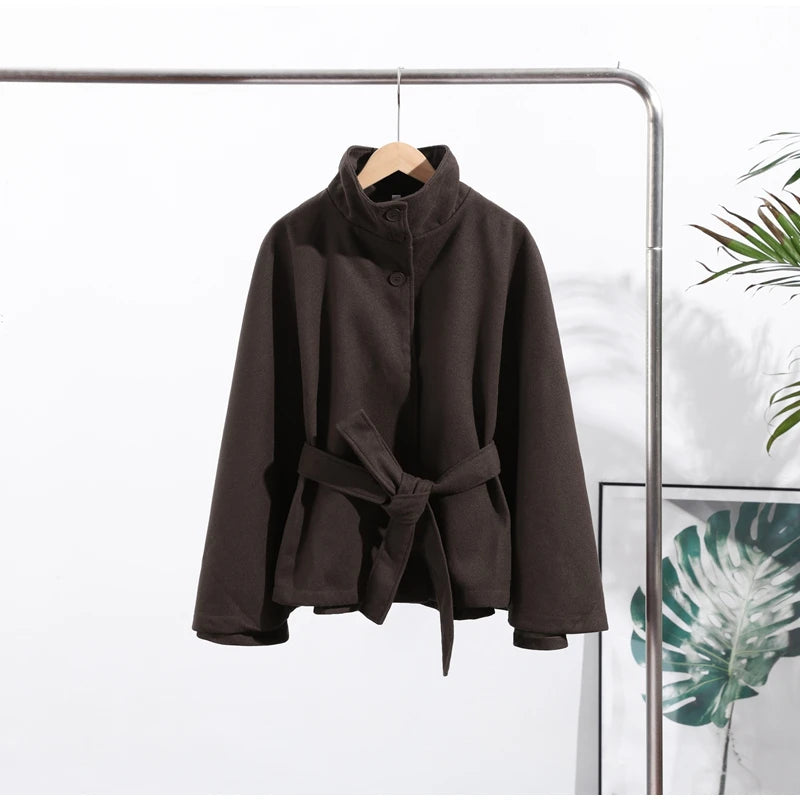 Elegant Fleece Women's Coats Solid Stand Long Sleeve Belted Lace-Up Button Jackets 2025 Autumn Winter Outerwear Female Tops