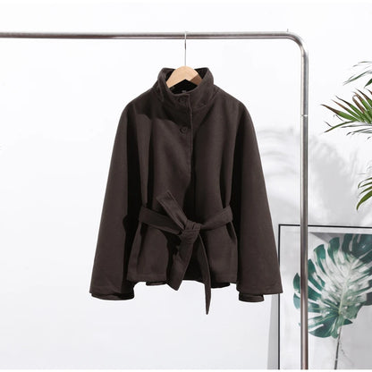 Elegant Fleece Women's Coats Solid Stand Long Sleeve Belted Lace-Up Button Jackets 2025 Autumn Winter Outerwear Female Tops