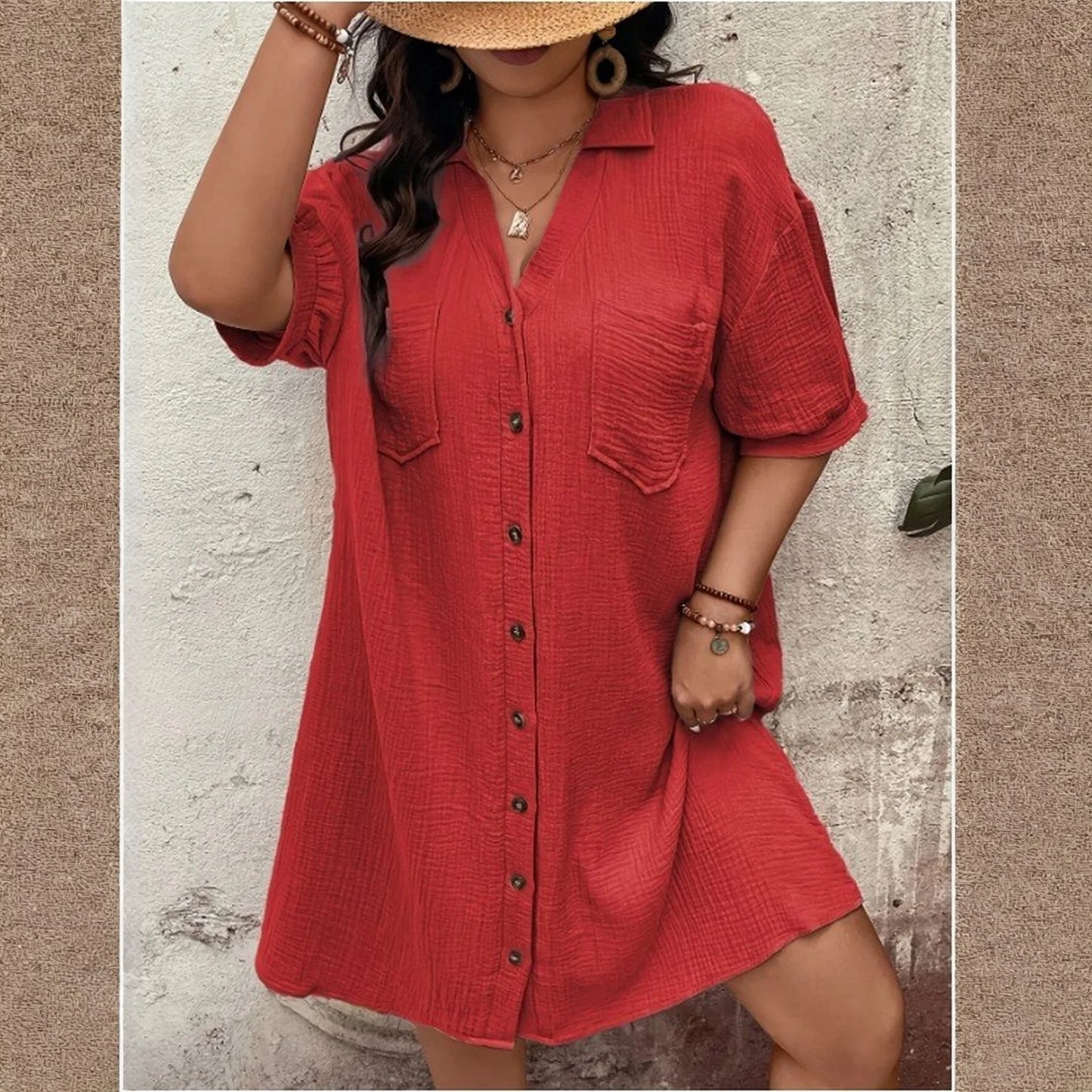 New Women'S Fashion Casual Solid Color Buttoned Mid-Length Short Sleeve Loose Dress Vestidos Para Mujer Ropa De Mujer 신상원피스