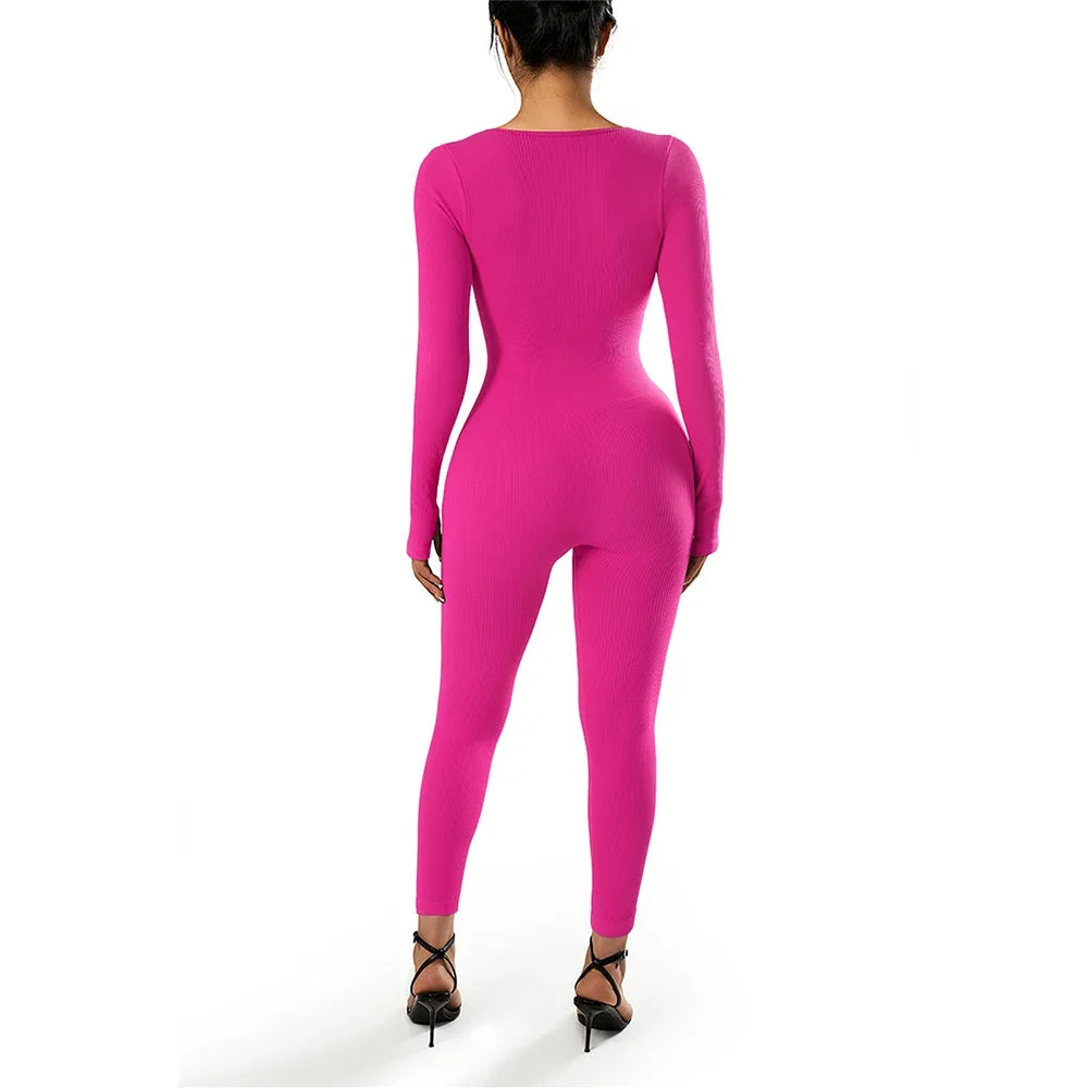 Long Sleeve Jumpsuit Women Bodycon One-piece Outfit Jumpsuit Square Neck Casual Streetwear Rompers Overalls playsuits Bodysuit