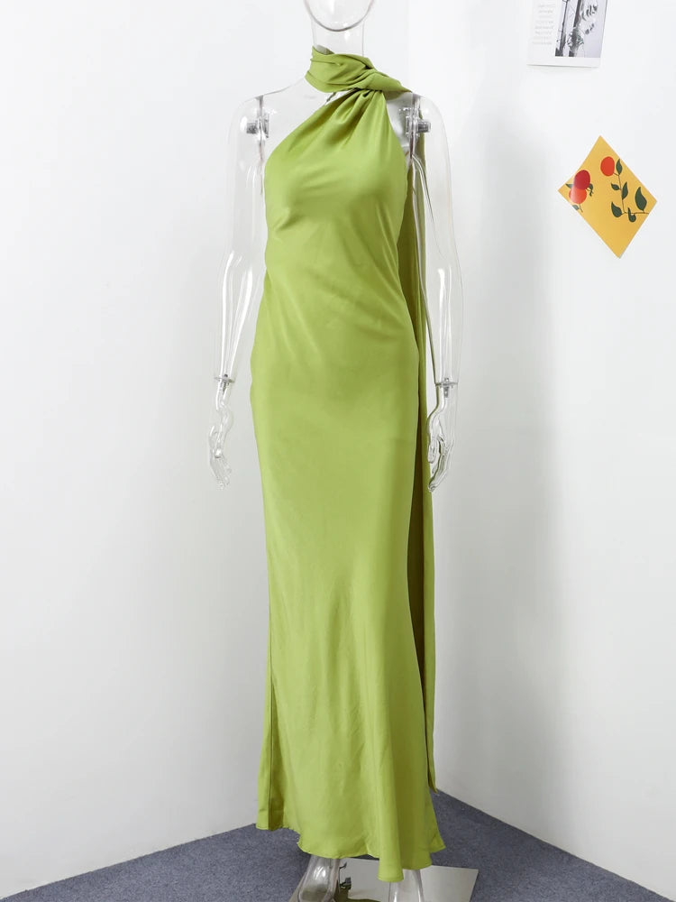 Elegant Ribbon Halter Dress Women Solid Off Shoulder Sleeveless Backless Slim Maxi Dresses 2026 Summer Autumn Party Robes Lady