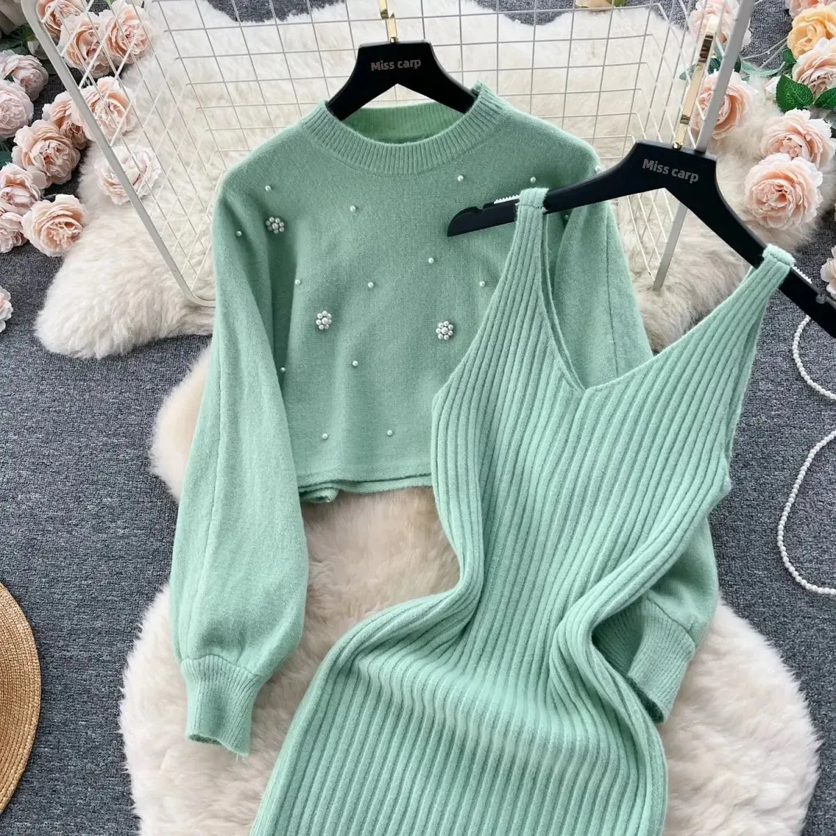Autumn Winter Slimming Knitted Sweater Dress Set Women's Mid-Length Base Layer Knee-Over Bottoming Dresses Fashionable